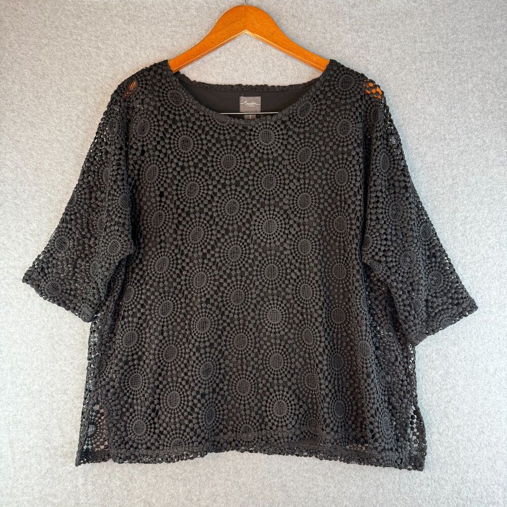 Travelers By Chico's Black Crochet Boho Short Sleeve Blouse Size 1 Boho/Hippie